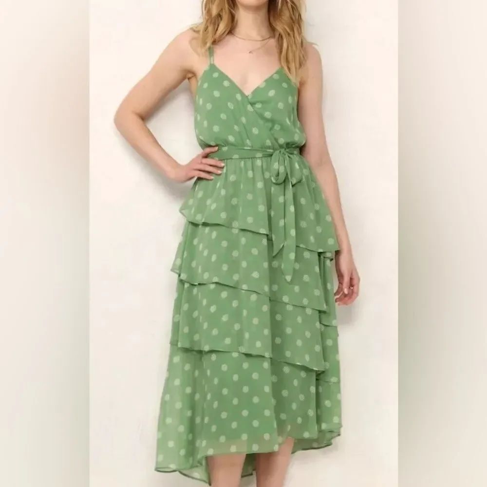 LC LAUREN CONRAD S GREEN IVORY DOT STRIPE V-NECK TIERED MID GEORGETTE DRESS